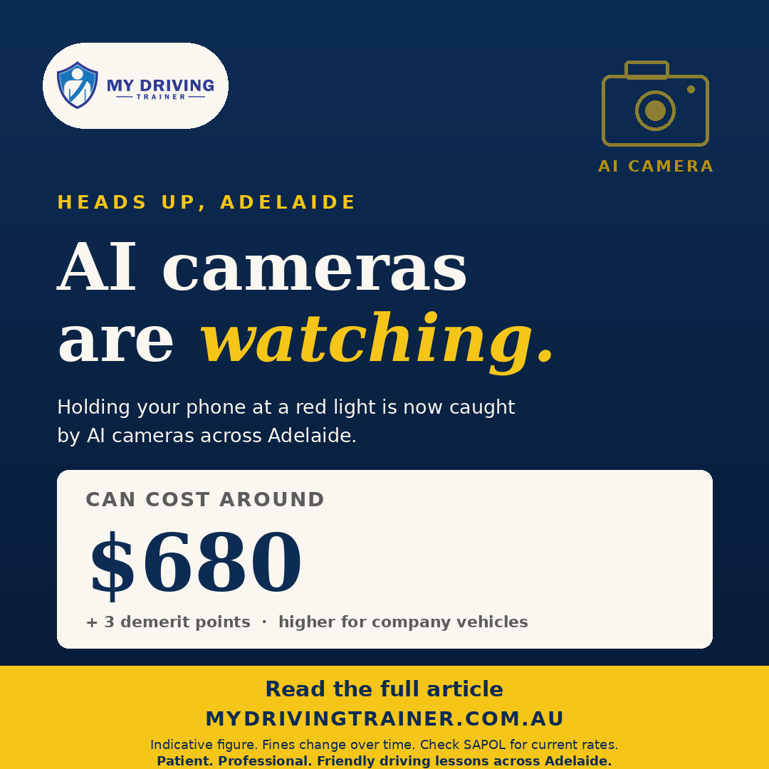 AI cameras are watching. Adelaide road safety poster from My Driving Trainer